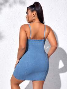 SHEIN LUNE Framsida Knappar Enkel Sexig Plus Size Denim Klänning - Ljustvätt - Visa 3