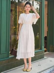 DAZY Solid Puff Sleeve A-line Dress - Beige - View 4