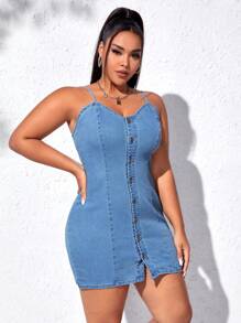 SHEIN LUNE Framsida Knappar Enkel Sexig Plus Size Denim Klänning - Ljustvätt - Visa 4