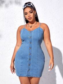 SHEIN LUNE Framsida Knappar Enkel Sexig Plus Size Denim Klänning - Ljustvätt - Visa 1