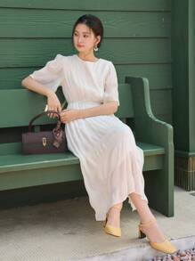 DAZY Solid Puff Sleeve A-line Dress - Beige - View 7
