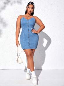 SHEIN LUNE Framsida Knappar Enkel Sexig Plus Size Denim Klänning - Ljustvätt - Visa 6