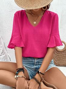 Breezaya Áo sơ mi nữ Xù màu trơn Giải trí - Màu Hồng Tươi - Xem 4