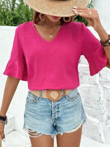 Breezaya Áo sơ mi nữ Xù màu trơn Giải trí - Màu Hồng Tươi - Xem 3