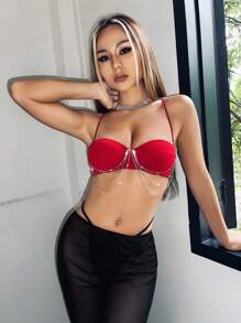 SHEIN ICON 鏈條細節露背交叉吊帶上衣 - 紅色 - 查看 2