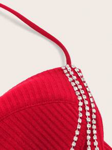 SHEIN ICON 鏈條細節露背交叉吊帶上衣 - 紅色 - 查看 5