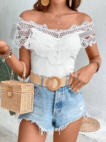 SHEIN Privé Áo nữ Tương phản ren màu trơn Giải trí - trắng - Xem 4