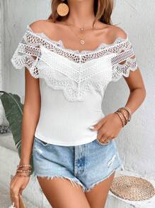 SHEIN Privé Áo nữ Tương phản ren màu trơn Giải trí - trắng - Xem 1