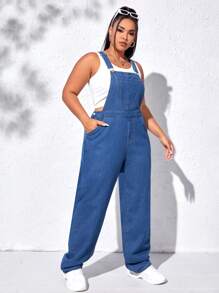 SHEIN EZwear Quần áo denim có kích thước lớn Nút Túi màu trơn Giải trí - Rửa trung bình - Xem 2