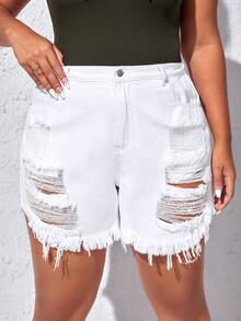 SHEIN EZwear Quần short denim oversized Túi Bị tách Hem thô màu trơn - trắng - Xem 2