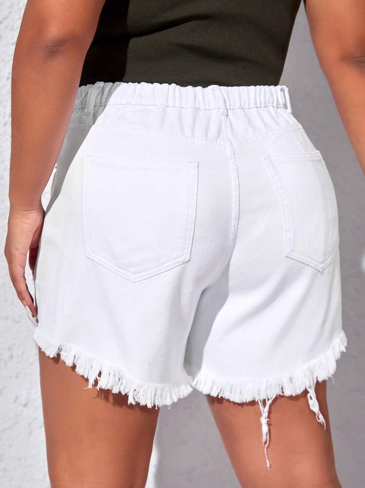 SHEIN EZwear Plus Ripped Raw Hem Denim Shorts - White - View 3
