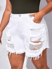 SHEIN EZwear Quần short denim oversized Túi Bị tách Hem thô màu trơn - trắng - Xem 4