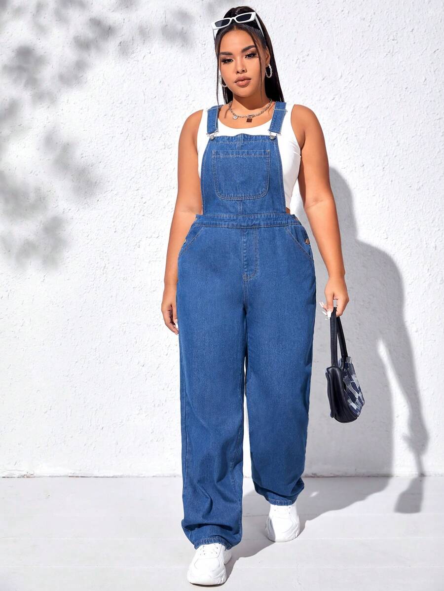 SHEIN EZwear Quần áo denim có kích thước lớn Nút Túi màu trơn Giải trí - Rửa trung bình - Xem 1