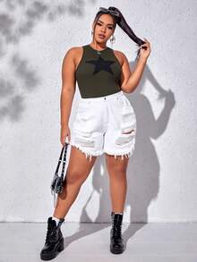 SHEIN EZwear Quần short denim oversized Túi Bị tách Hem thô màu trơn - trắng - Xem 5
