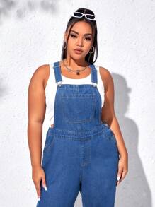 SHEIN EZwear Quần áo denim có kích thước lớn Nút Túi màu trơn Giải trí - Rửa trung bình - Xem 5