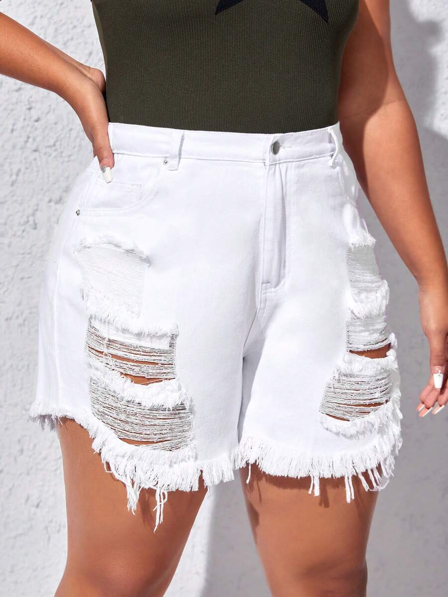 SHEIN EZwear Quần short denim oversized Túi Bị tách Hem thô màu trơn - trắng - Xem 1