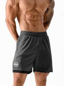 Men Dumbbell Print 2 In 1 Sports Shorts - Dark Grey - View 1