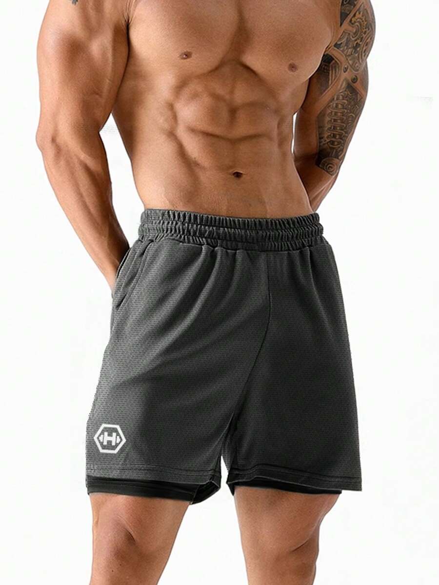 Men Dumbbell Print 2 In 1 Sports Shorts - Dark Grey - View 1