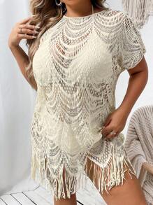 Swim Vcay Plus Size Hollow Out Fringe Hem Cover Up Dress Without Bikini Set Summer