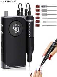 Yokefellow攜帶式電動指甲鑽套裝,附帶6支指甲鑽頭和6支沙帶,粉色、黑色、白色和灰色可供女士使用,適用於修剪指甲和凝膠指甲油,是一份完美的新年禮物 - 黑色 - 查看 2