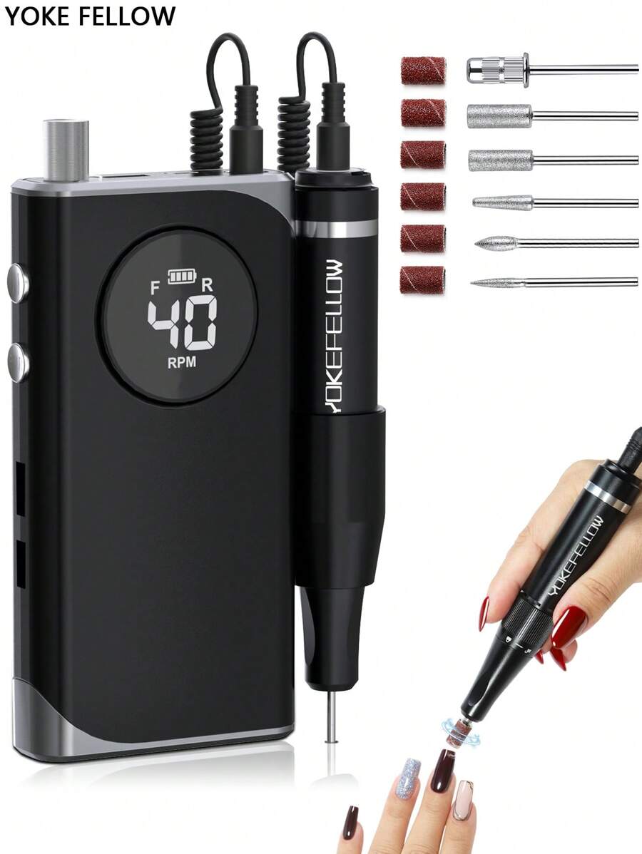 Yokefellow攜帶式電動指甲鑽套裝,附帶6支指甲鑽頭和6支沙帶,粉色、黑色、白色和灰色可供女士使用,適用於修剪指甲和凝膠指甲油,是一份完美的新年禮物