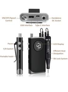 Yokefellow攜帶式電動指甲鑽套裝,附帶6支指甲鑽頭和6支沙帶,粉色、黑色、白色和灰色可供女士使用,適用於修剪指甲和凝膠指甲油,是一份完美的新年禮物 - 黑色 - 查看 4