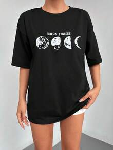 Cottnline 月亮&字母圖案落肩T恤 - 黑色 - 查看 5