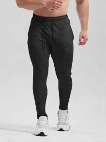 Hombres Pantalones deportivos de cintura con cordón con bolsillo oblicuo - Negro - Ver 3
