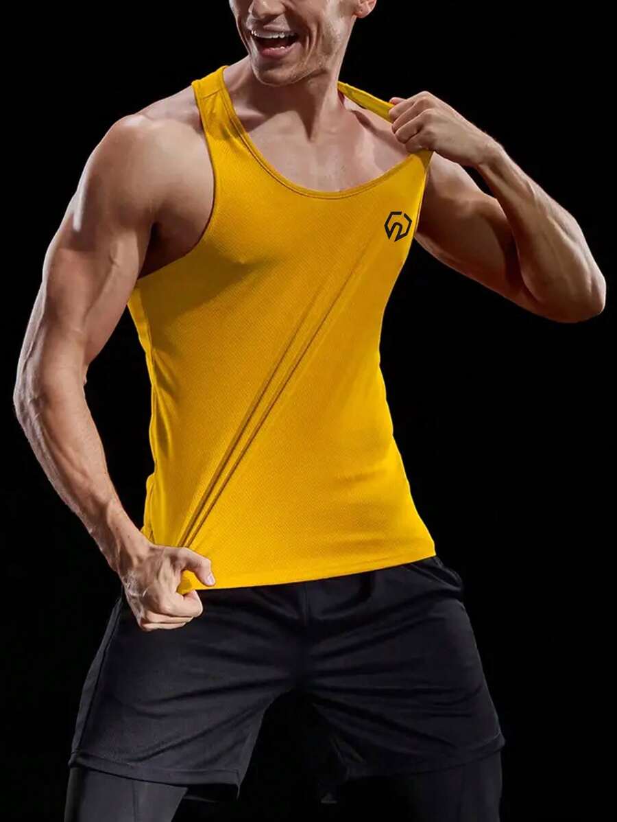 Fitness 男士字母和幾何圖案工字運動背心 - 芥末黃 - 查看 1