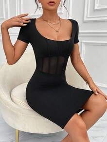 SHEIN Privé Contrast Mesh Scoop Neck Bodycon Dress - Black - View 2