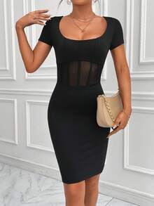 SHEIN Privé Contrast Mesh Scoop Neck Bodycon Dress - Black - View 4