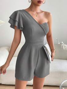 SHEIN Privé Date Night One Shoulder Butterfly Sleeve Romper - Grey - View 1