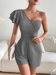 SHEIN Privé Date Night One Shoulder Butterfly Sleeve Romper - Grey - View 4