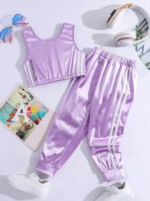 SHEIN 小女童字母圖案背心上衣和條紋圖案側衛褲 - 淡紫色 - 查看 1