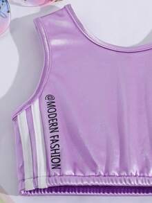 SHEIN 小女童字母圖案背心上衣和條紋圖案側衛褲 - 淡紫色 - 查看 3