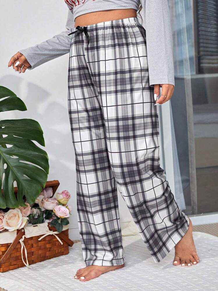 Plus Size Plaid Print Knot Front Pajama Sleep Pants, Fall & Winter, Cozy - Multicolor - View 3
