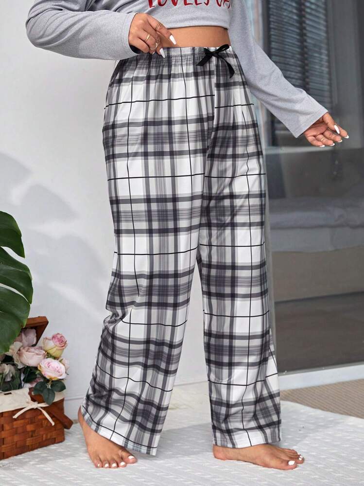 Plus Size Plaid Print Knot Front Pajama Sleep Pants, Fall & Winter, Cozy - Multicolor - View 4