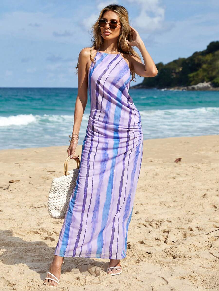Cloudara Tie Dye Ruched Side Backless Halter Neck Dress - Multicolor - View 1