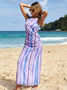 Cloudara Tie Dye Ruched Side Backless Halter Neck Dress - Multicolor - View 4