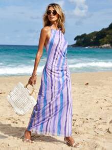 Cloudara Tie Dye Ruched Side Backless Halter Neck Dress - Multicolor - View 5