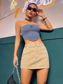 SHEIN ICON 素色斜口袋牛仔半身裙 - 卡其色 - 查看 1