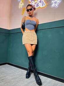 SHEIN ICON 素色斜口袋牛仔半身裙 - 卡其色 - 查看 6