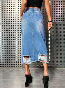 SHEIN ICON Ripped Split Thigh Denim Skirt - Medium Wash - View 2