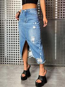 SHEIN ICON Ripped Split Thigh Denim Skirt - Medium Wash - View 4