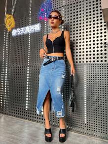 SHEIN ICON Ripped Split Thigh Denim Skirt - Medium Wash - View 1