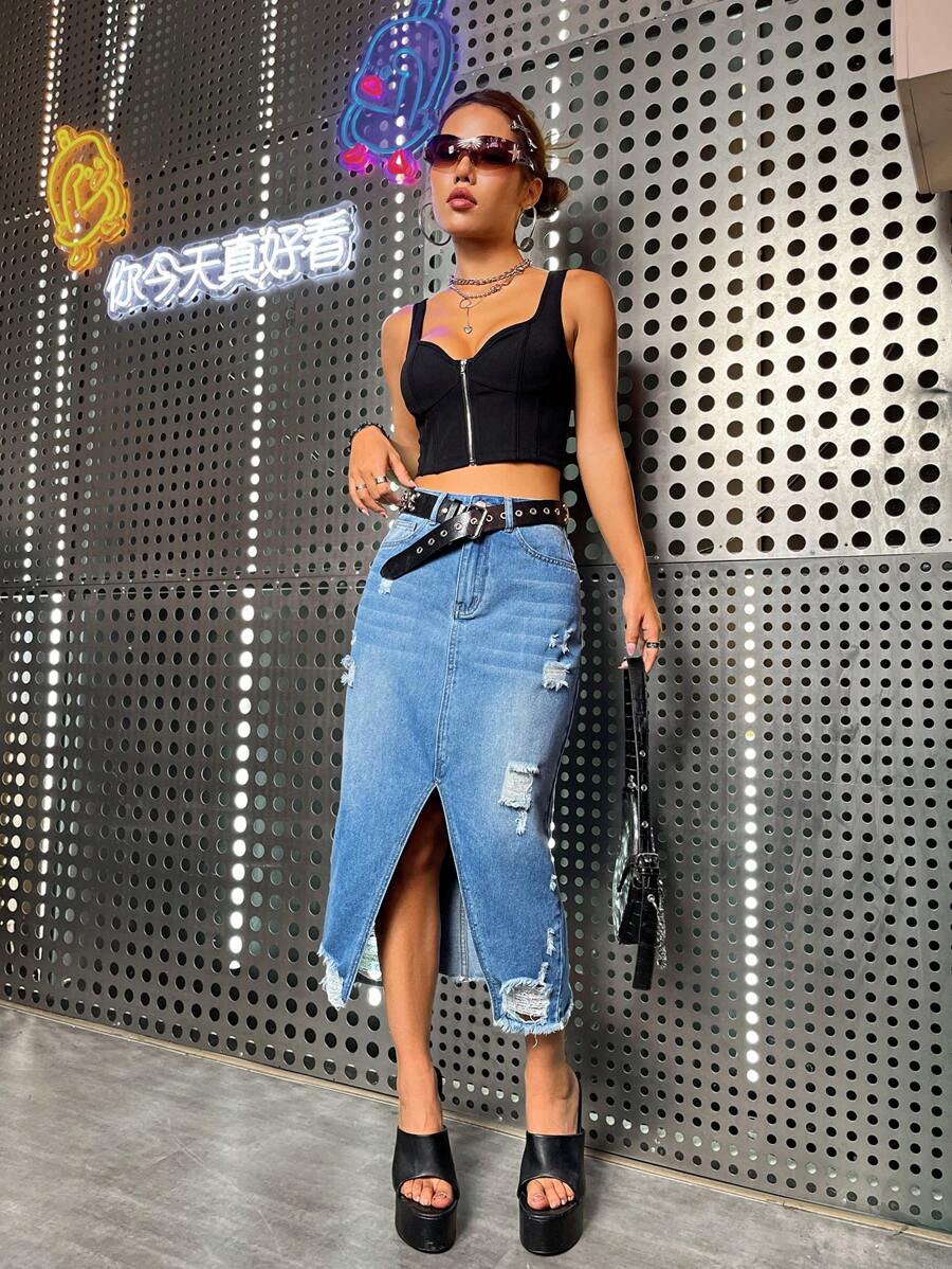 SHEIN ICON Ripped Split Thigh Denim Skirt - Medium Wash - View 1