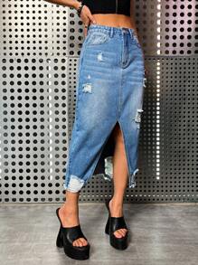SHEIN ICON Ripped Split Thigh Denim Skirt - Medium Wash - View 5