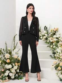 Modelyn Contrast Mesh Double Breasted Blazer & Flare Leg Pants - Black - View 5