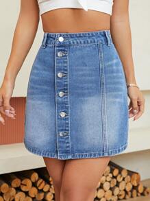 SHEIN Essnce Váy denim nữ Túi Nút phía trước màu trơn - Rửa trung bình - Xem 3