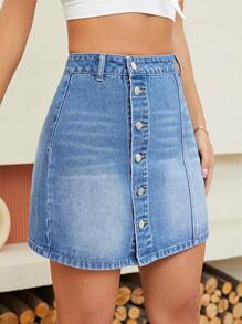 SHEIN Essnce Váy denim nữ Túi Nút phía trước màu trơn - Rửa trung bình - Xem 4